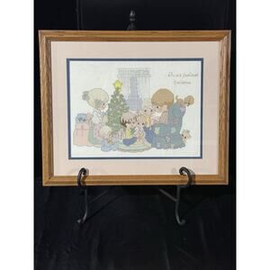 Vtg 1988 Precious Moments Cross Stitch ‘Old Fashioned Christmas’ Framed